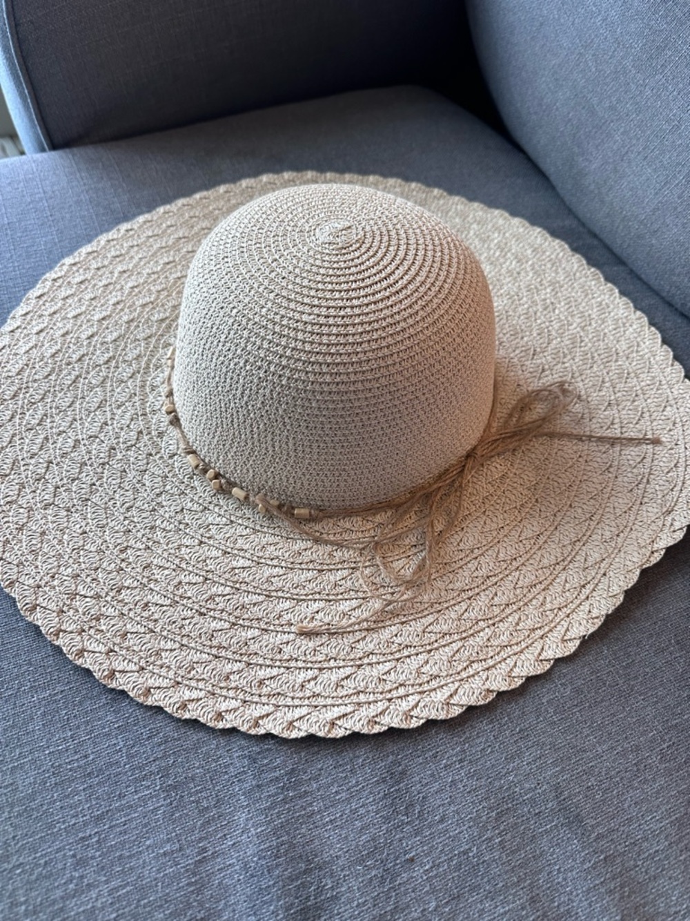 Straw Sun Hat with Beaded Tie - Cream